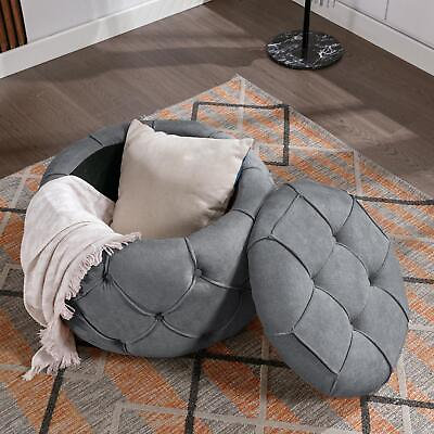 #ad Large Button Tufted Round Storage Ottoman for Living Room 17.7quot;H Burlap Grey $133.48