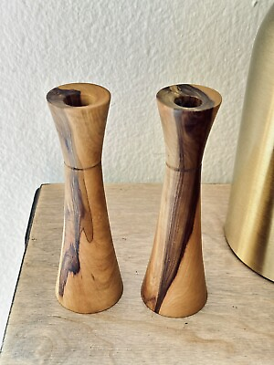 #ad Pair of Vintage Danish Modern Style Olive Wood Taper Candle Holders Hour Glass $39.95