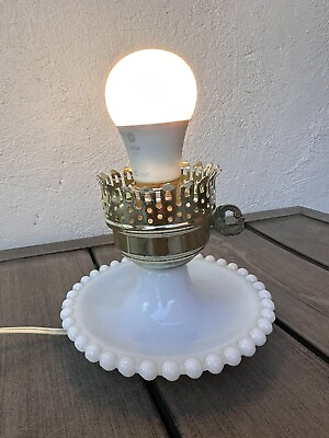 #ad VINTAGE WHITE MILK GLASS HOBNAIL HURRICANE ELECTRIC TABLE LAMP BASE ONLY $25.00