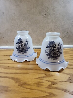 #ad Pair Vtg Ruffled Bell White Glass W Blue Flowers Lamp Shades $29.99