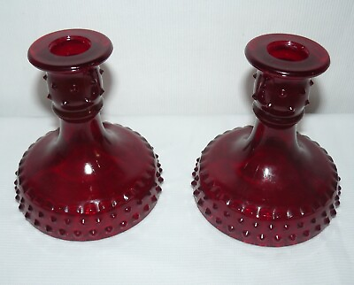 #ad Red Royal Ruby Glass Candle Stick Holders 5 3 4quot; Set of 2 Hobnail Pattern $37.43