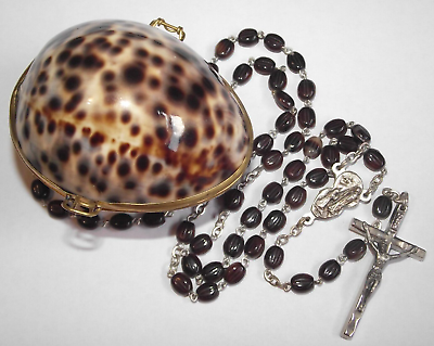 #ad Vtg brown glass bead 16quot; rosary O.L. of Lourdes Mary Jesus Italy shell case box $60.00