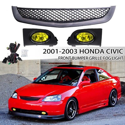 #ad Fits 2001 2003 Honda Civic Sedan Front Grille amp; Yellow Lens Fog Lights Lamps $50.35