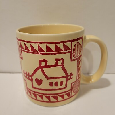 #ad Homespun Hearts Red amp; Cream Mug Cup Cottage Core Folk Vintage Rare Coffee Tea $5.95