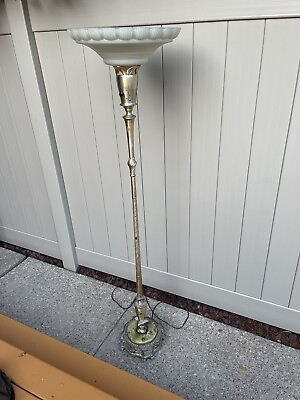 #ad Antique Silver Floor Lamp Art Deco Torchiere Ornate W Green Onyx 16quot; Glass shade $349.97