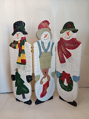 #ad Vintage Tri Fold XMAS Table Decor Painted Wood Snowman Folding Decor Glitter $19.99