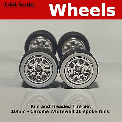 #ad 10 10mm Chrome 10 Spoke Whitewall Treaded rubber tire set. for Hot Wheels $3.89