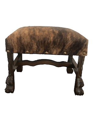 #ad Vintage carved legs horse hair upholstered foot stool with nail heads. $179.00