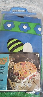 #ad Tablecloth Mid Mod W ladybugs flowers bright blue and green Vinyl Fringe NIB 68quot; $69.99