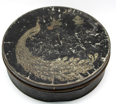 #ad Vintage Black Decorative Round Tin Can Peacock Design Lid Diameter 10quot; Width 3quot; $15.99