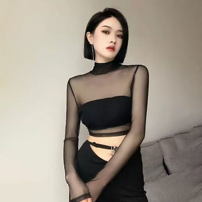 #ad Perspective Mesh Long Sleeved Tshirt for Women Slim Fit Sweet Short Backless Top $10.44