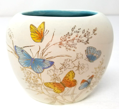 #ad Butterfly Vase Desk Ceramic Handmade Signed 1985 Blue Yellow Turquoise Small $19.95
