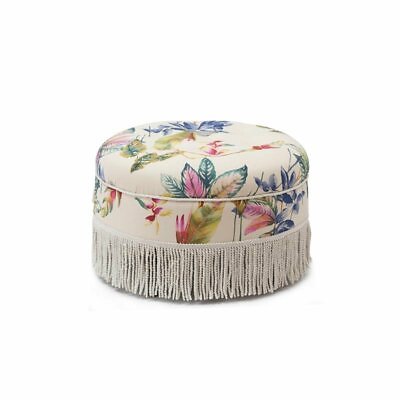 #ad Maklaine Traditional Tufted Decorative Round Ottoman in Off White Floral $146.89