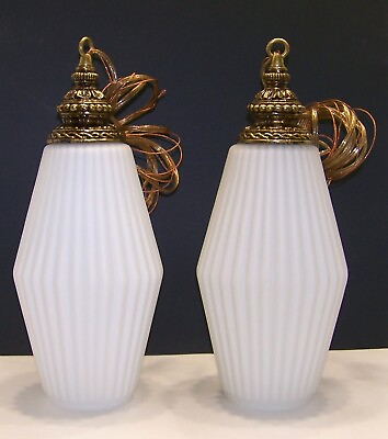 #ad Set of 2 Vintage MCM Swag Pendant Hanging Lamps Lights White Ribbed Glass 14quot; $160.00