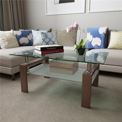 #ad Rectangle Glass Coffee Table Modern Side Center Tables Living Room with Shelf $111.69
