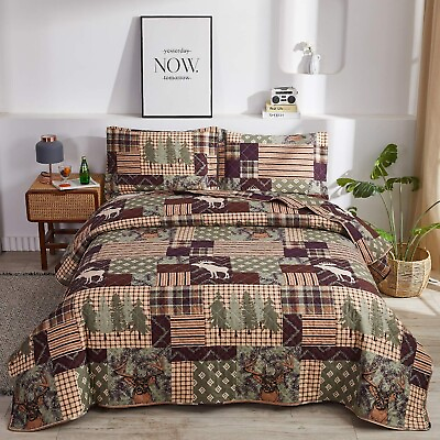 #ad Lodge Bedding Set King Size Rustic Cabin Quilt Set Moose Bear Bedspread Coverlet $58.22