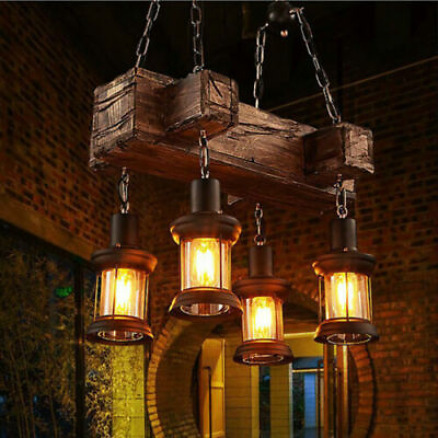 #ad Rustic 4 Heads Chandelier Wood Industrial Ceiling Lamp Pendant Light Fixture USA $73.15