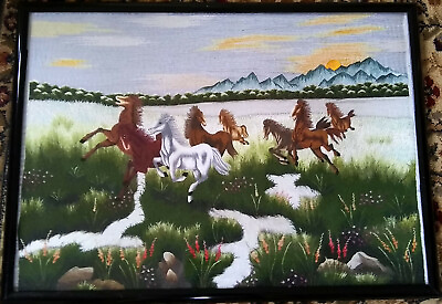 #ad Embroidery Running Horses Landscape Framed Fine Art Handwoven $240.00