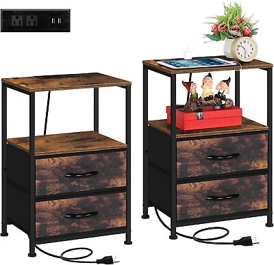 #ad Set of 2 End Table Nightstand with Charging Station amp; Fabric Drawer Heavy Duty $68.99