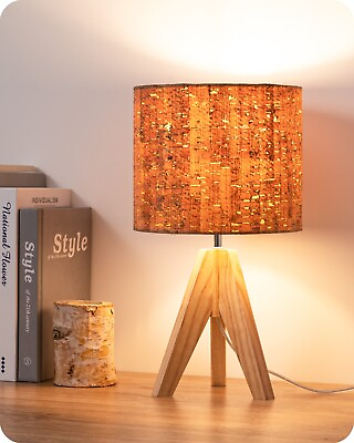 #ad EDISHINE Small Table Lamp Wooden Tripod Nightstand Lamp with Bark Linen Shade $35.99