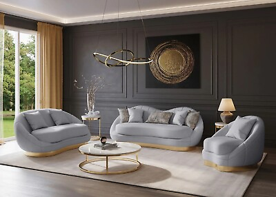 #ad NEW Luxe Gray Gold 3PC Sofa Upholstered Living Room Set Contemporary Chic Glam $2699.99