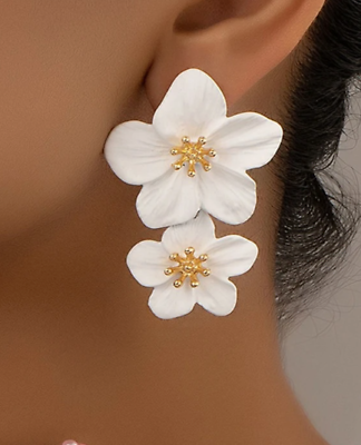 #ad White Flower Stud Earrings Forget Me Not Two Double Flowers Wedding Prom Bridal $12.95