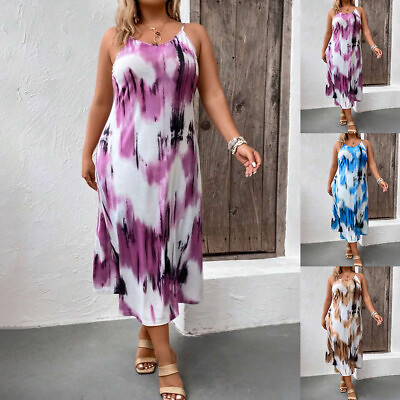 #ad Plus Womens Tie Dye Slip Dress Ladies Casual V Neck Printing Sleeveless Sundress $21.69