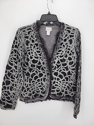 #ad Chicos Jacket Womens 0 Small Black Gray Swirl Button Front Lacey Art to Wear $18.98