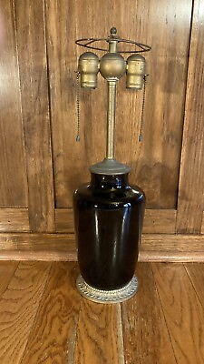 #ad #ad Antique Victorian Ceramic Table Lamp Brass Footed Black $195.00