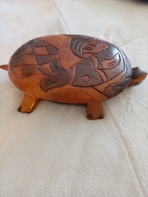 #ad Vintage Wooden Hand Carved Turtle Trinket Box With Lid $25.00