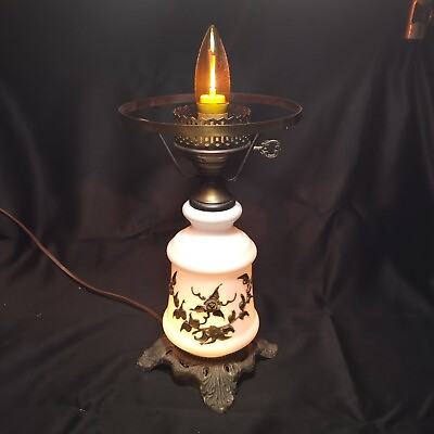 #ad VINTAGE LAMP WITH MILK GLASS IN MIDDLE WITH BRASS FLORAL DESIGN 3 WAY LIGHT $29.99