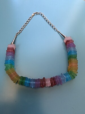 #ad Vintage Frosted Glass Handmade Silver Necklace Choker Style Rainbow Colors older $35.00