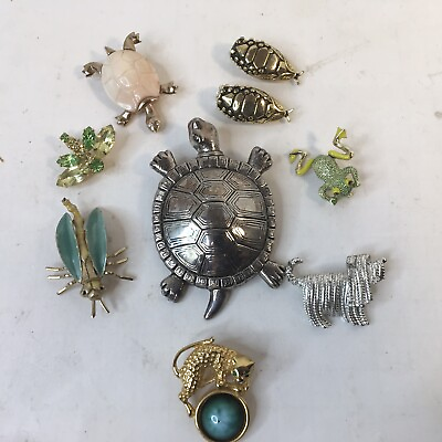 #ad Lot Of 8 Vtg Animal Insect Pins Brooch Earrings Frog Turtle Dragonfly Scarab $39.99