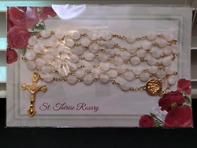 #ad St. Therese Rosary Gold Toned with Flat White Beads $8.99
