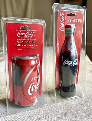 #ad Vintage 1998 Coca Cola Bottle Stapler and Coke Can Pencil Sharpener NEW Sealed $37.99