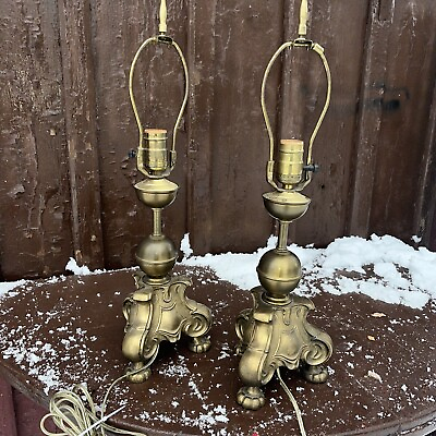 #ad Pair of 2 Vintage Cast Metal amp; Brass Table Accent Lamps Solid Heavy MCM $115.00
