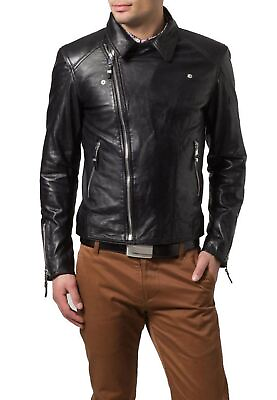 #ad New Leather Jacket Mens Biker Motorcycle Real Leather Coat Slim Fit Black #1109 $118.00