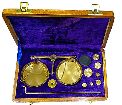 #ad Antique Brass Polished Balance Scale with Velvet Box with Weights Jewelry 50 Grm $42.99