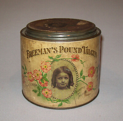 #ad Old Antique Vtg Ca 1900s Freeman#x27;s Pound Talcum Talc Tin Beautiful Child Graphic $225.00