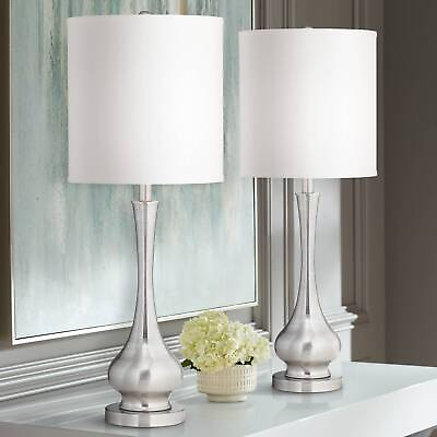 #ad Modern Table Lamps Set of 2 Brushed Steel Tall Gourd for Living Room Bedroom $119.90