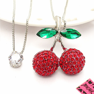 #ad New Fashion Women Red Crystal Cherry CZ Charm Double Pendant Sweater Necklace $3.95