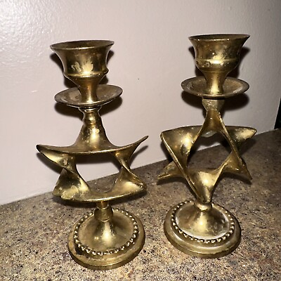#ad Pair of Vintage Metal Candlestick Star of David Golden Ornate Design Judaica $22.50
