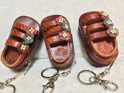 #ad As Is 3 Hand Made Leather Sandal Mirror Lipstick Holders With Mirror Key Rings $15.00