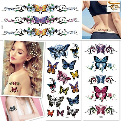 #ad 3 Sheets Set Temporary Tattoo Stickers Waterproof Butterfly Flower Arm Body Art $4.65
