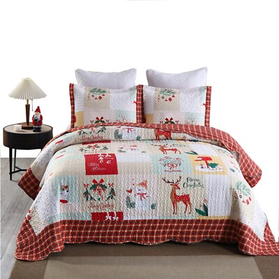 #ad 3 Piece Christmas Quilt Set Rustic Lodge Cabin Bedspread Quilt Set B023 $49.98