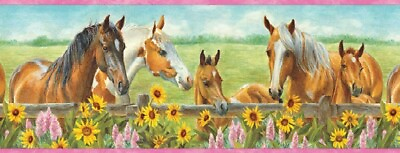 #ad Horses Sunflower Grass Field Fence Wildlife Lodge Nature Pink Wallpaper Border $34.99