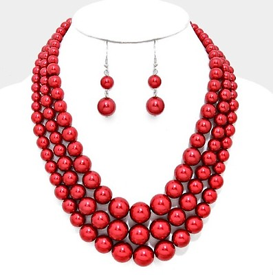#ad Red Pearl Multi Layered Strand Statement Bead Chunky Jewelry Necklace Set $16.50