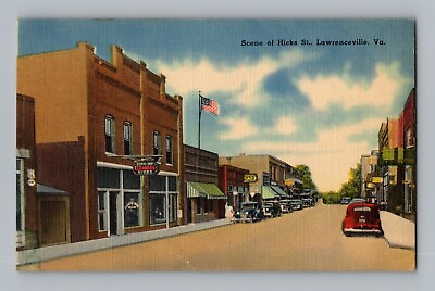 #ad Postcard VA Lawrenceville Virginia Hicks Street c1940s Linen Cleaners Cafe O27 $21.59
