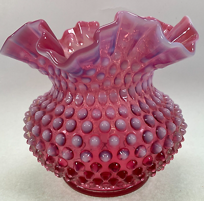 #ad Fenton Cranberry Glass Opalescent Ruffle Rim Hobnail Vase Vintage 1940’s $49.99