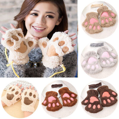#ad Ladies Half Finger Mittens Stylish Thick Leisure Cat Paw Warm Gloves $5.39
